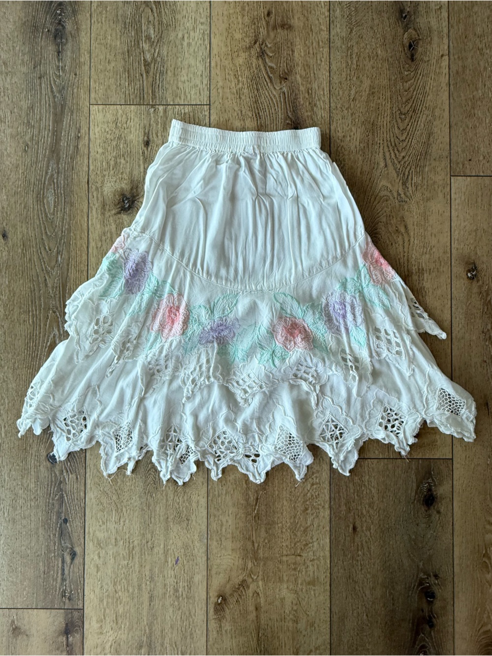 Vintage 80s Floral Embroidered Lattice Lace Skirt Set Pastel Cutout OS